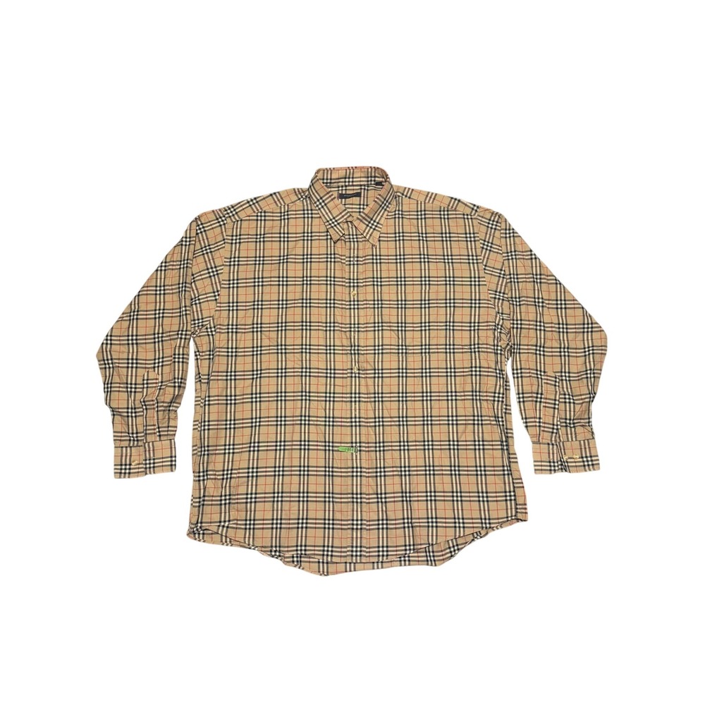 Burberry London Mens XXL Nova Check Button Down Shirt Tan Plaid Made in USA